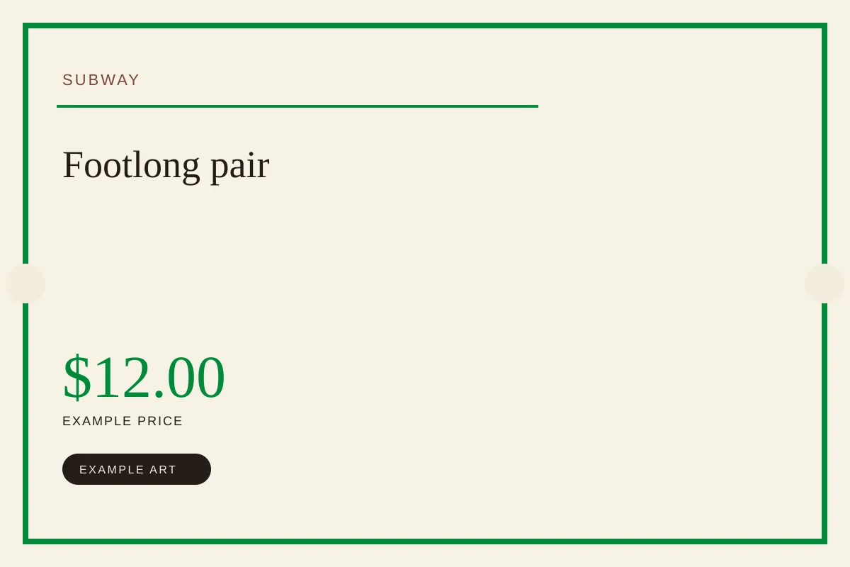 Illustrated offer card for the example Subway Footlong pair deal. Not a coupon, an official logo, or a product photo.
