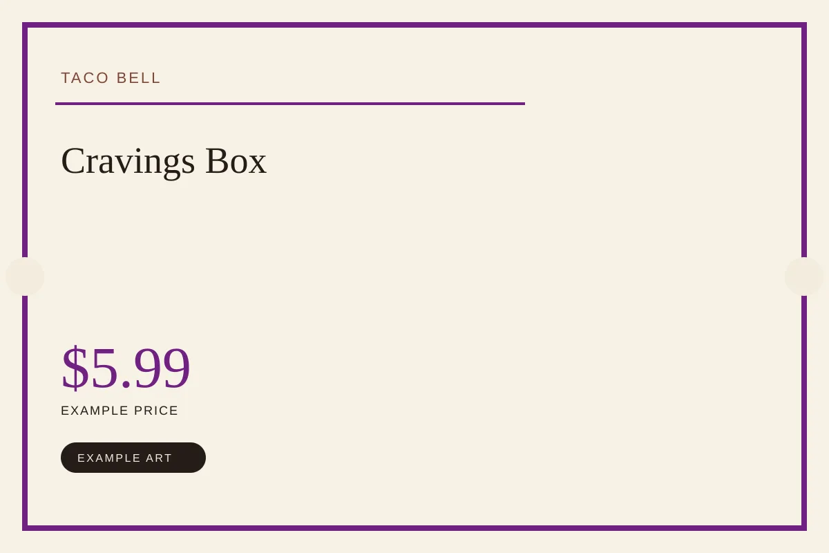 Illustrated offer card for Cravings Box at Taco Bell. Example art, not an official logo or product photo.