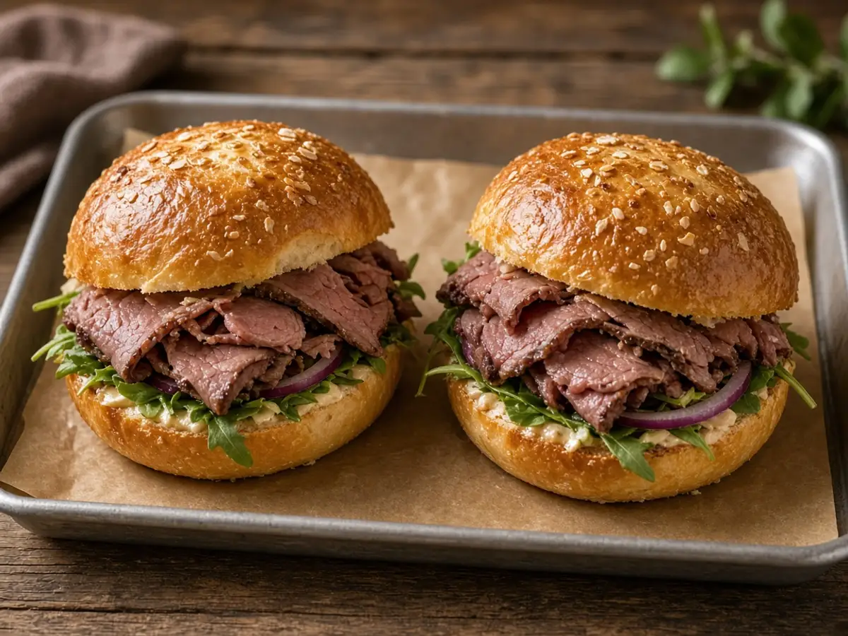 Original food-photo illustration of two roast beef sandwiches side by side on a tray for the Arby's sandwich pair page, not an official logo or product photo.