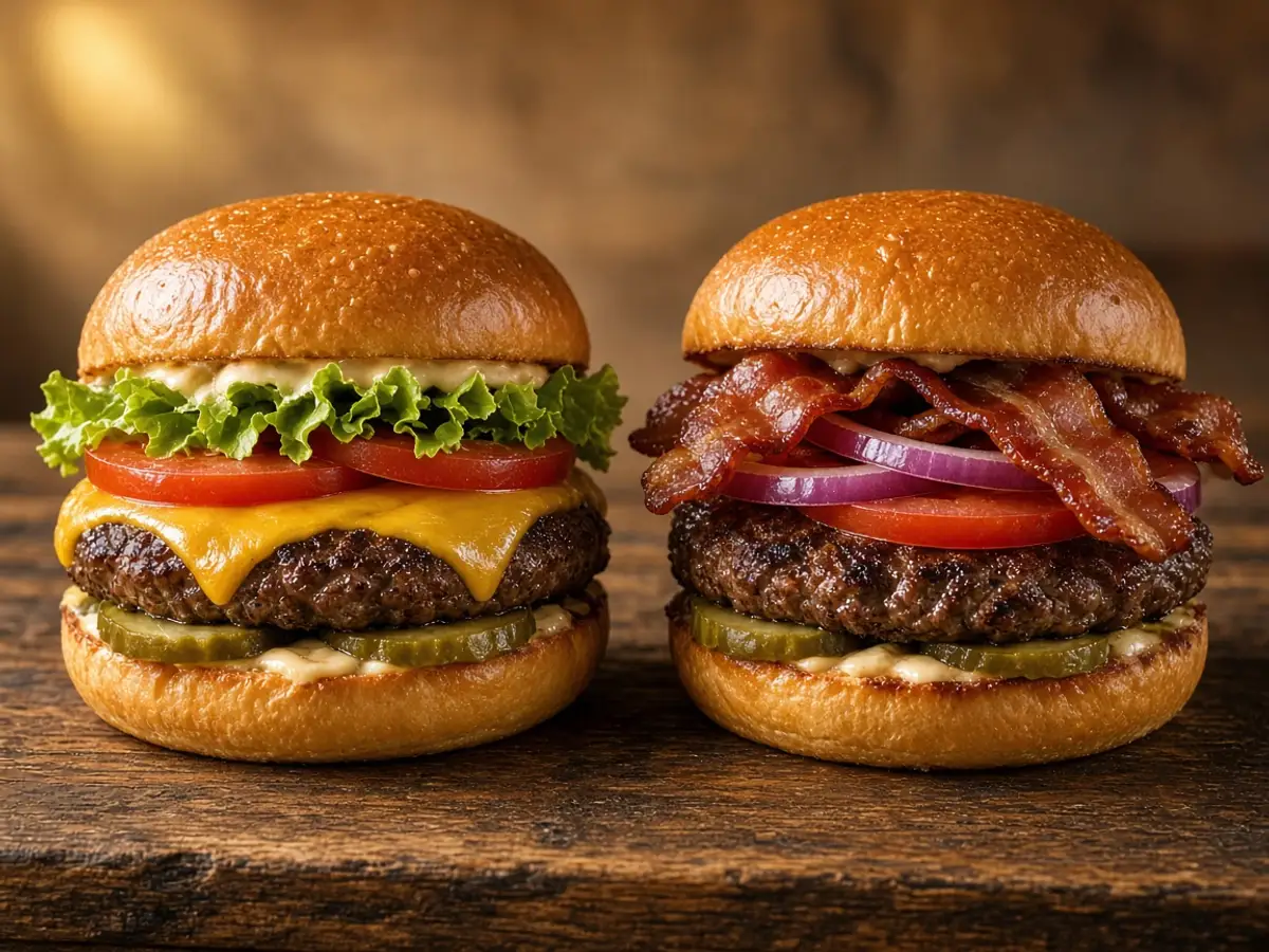Original food-photo illustration of a cheeseburger and a bacon burger side by side for the Burger King mix and match page, not an official logo or product photo.