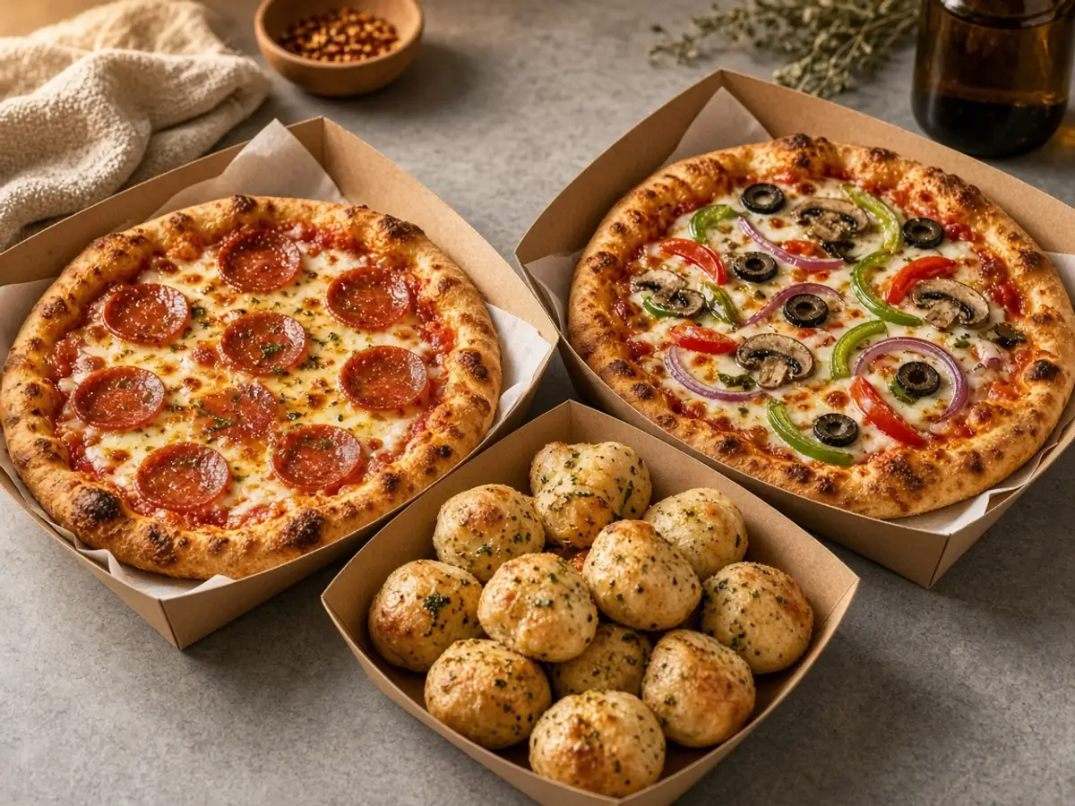 Original food-photo illustration of two small pizzas and a side of bread bites for Domino's Mix and Match menu prices, not an official logo or product photo.