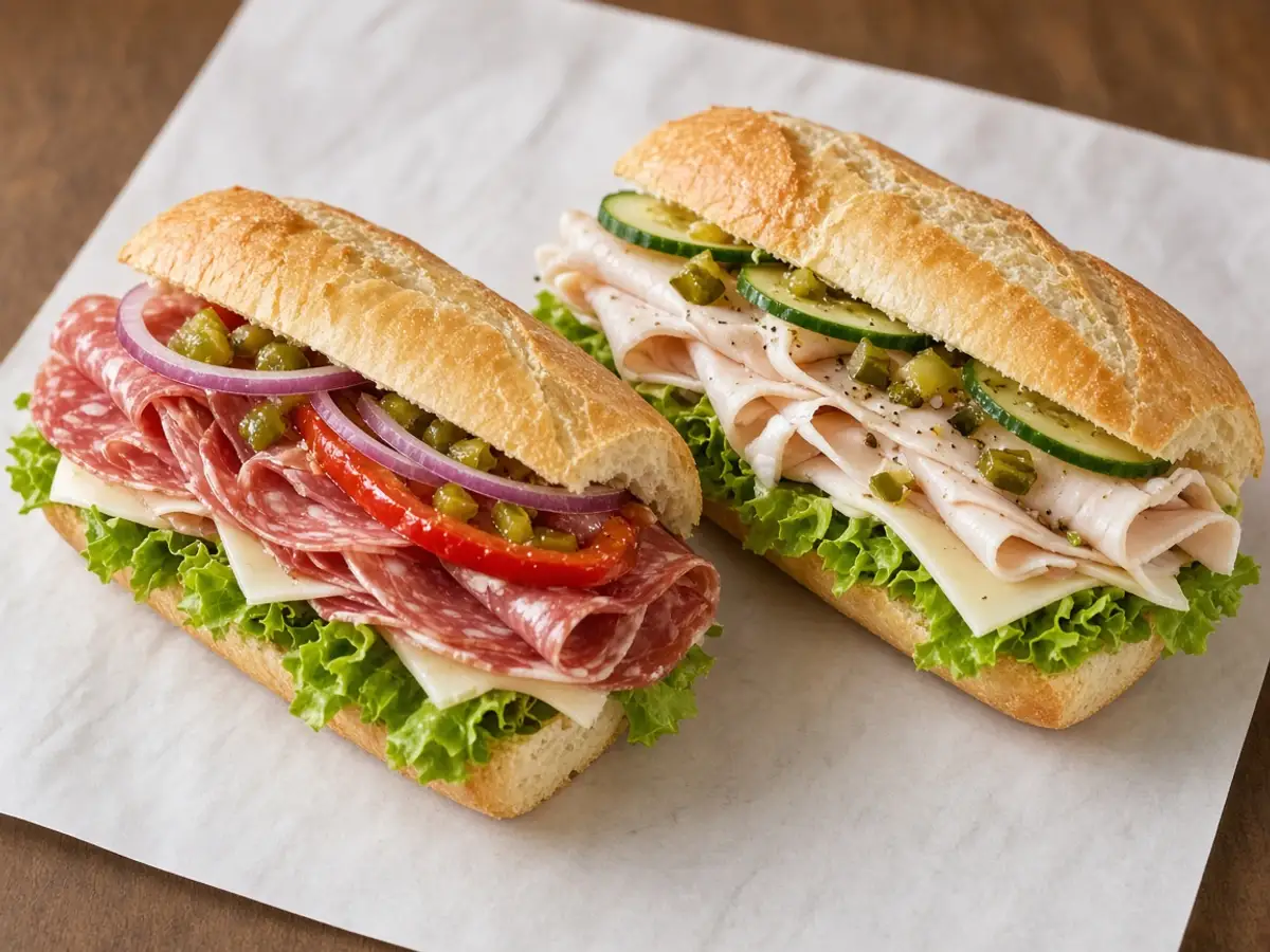 Original food-photo illustration of two long submarine sandwiches side by side on deli paper for Subway Footlong pair menu prices, not an official logo or product photo.