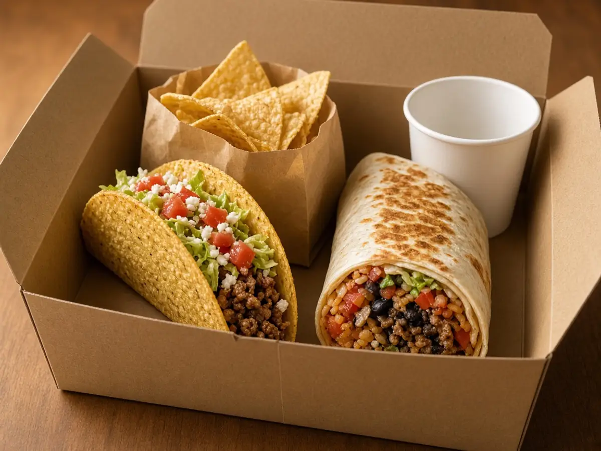 Original food-photo illustration of an open plain box with a taco, a burrito, chips, and a drink for Taco Bell Cravings Box menu prices, not an official logo or product photo.