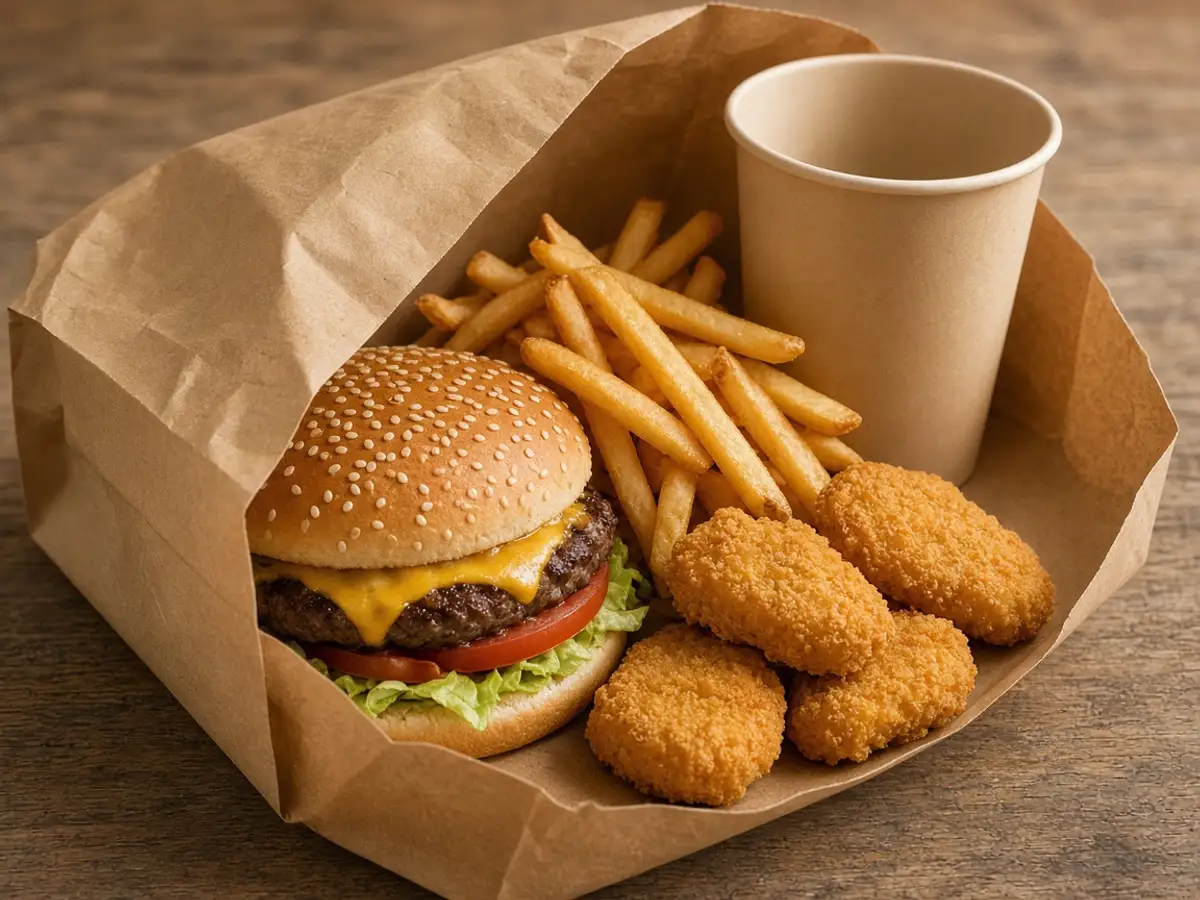Original food-photo illustration of a plain paper bag opened to show a burger, fries, nuggets, and a drink for Wendy's Biggie Bag menu prices, not an official logo or product photo.