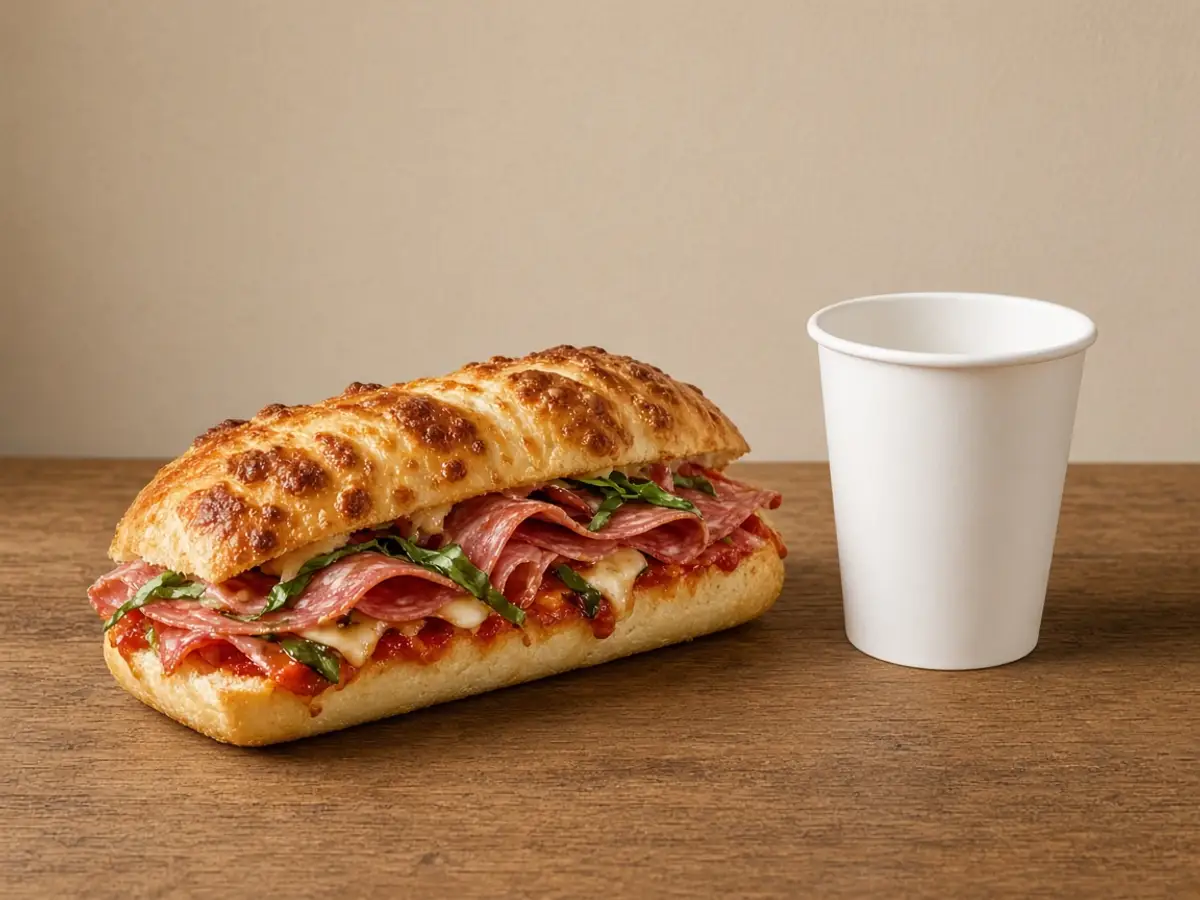 Original food-photo illustration of one cheese-crust sub sandwich on a counter tray, ready to order for Arby's Sub Stackers menu prices, not an official logo or product photo.
