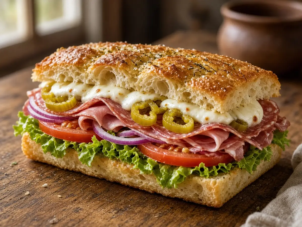 Original food-photo illustration of an Italian sandwich on mozzarella-topped flatbread with salami and banana peppers for Arby's Sub Stackers menu prices, not an official logo or product photo.