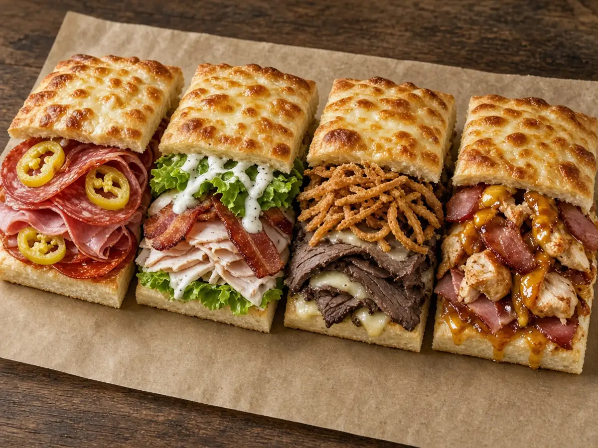 Original food-photo illustration of a lineup of four different stacked sandwiches on cheese-topped flatbread for Arby's Sub Stackers menu prices, not an official logo or product photo.