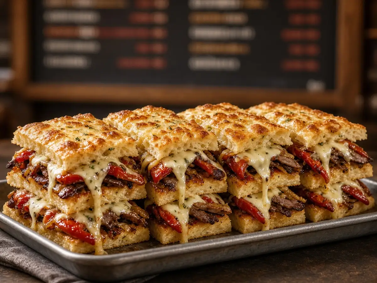 Original food-photo illustration of four stacked sandwiches on a tray where a price board would sit for Arby's Sub Stackers menu prices, not an official logo or product photo.