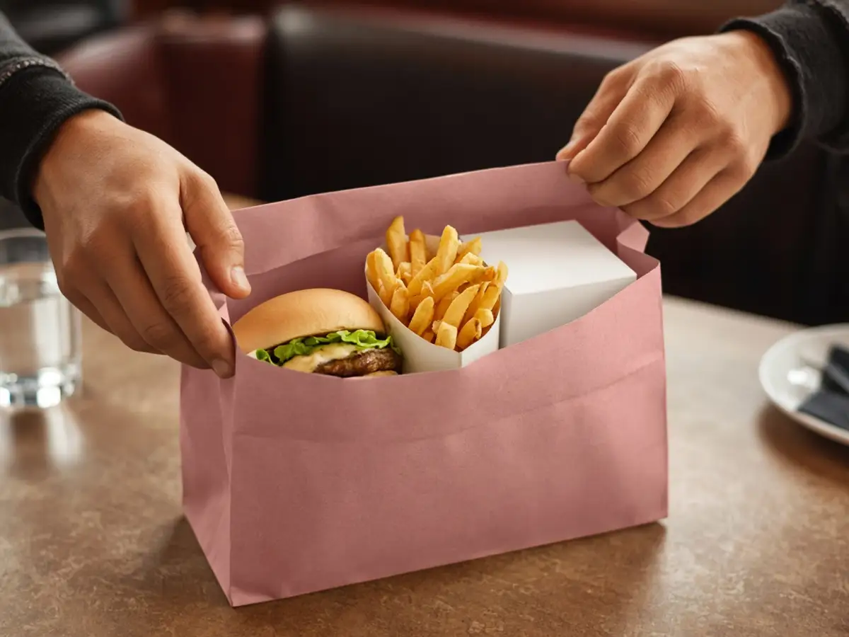 Original food-photo illustration of hands opening a plain pink kids meal bag with a burger, fries, and a blank box for Burger King Hello Kitty meal menu prices, not an official logo or product photo.