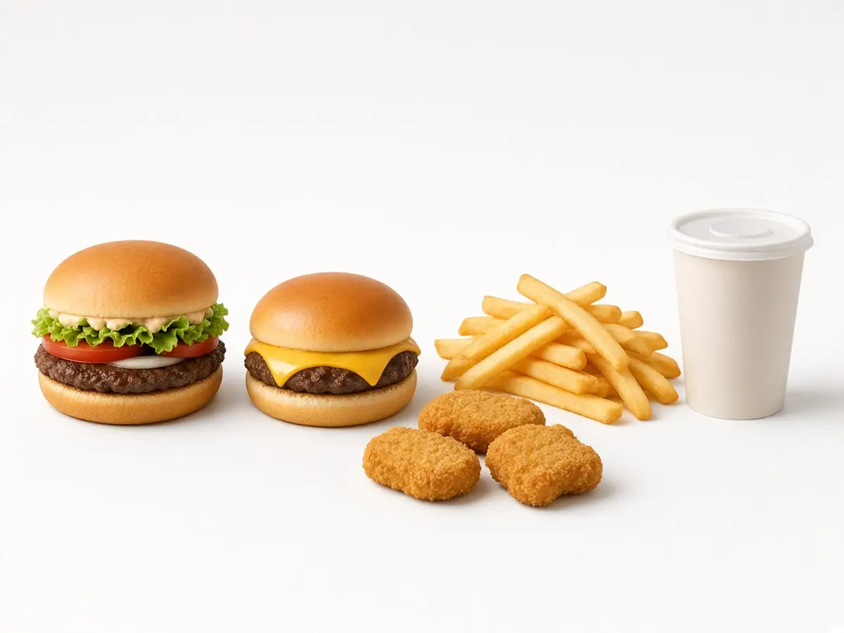 Original food-photo illustration of a hamburger, a cheeseburger, chicken nuggets, fries, and a drink compared on a table for Burger King Hello Kitty meal menu prices, not an official logo or product photo.