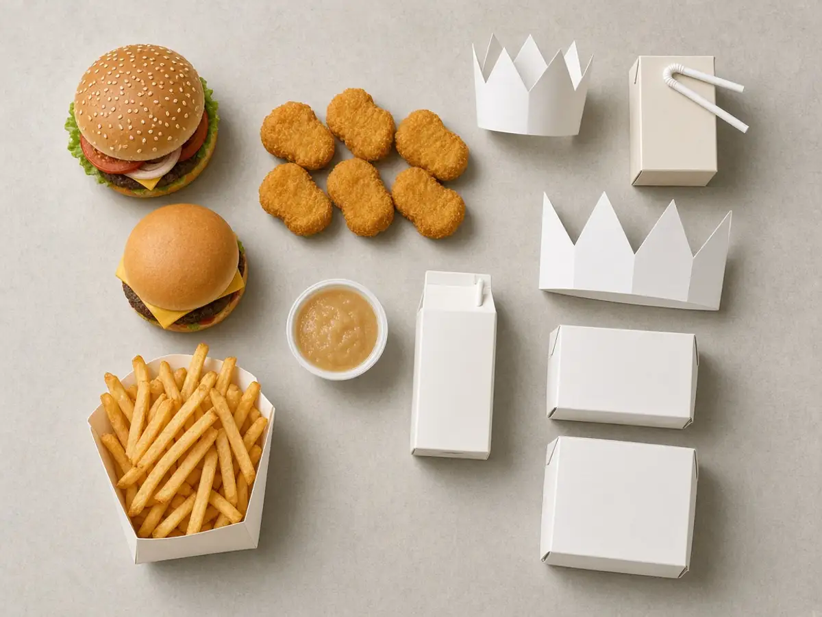 Original food-photo illustration of kids meal mains, fries, applesauce, drinks, a plain crown, and blank boxes for Burger King Hello Kitty meal menu prices, not an official logo or product photo.