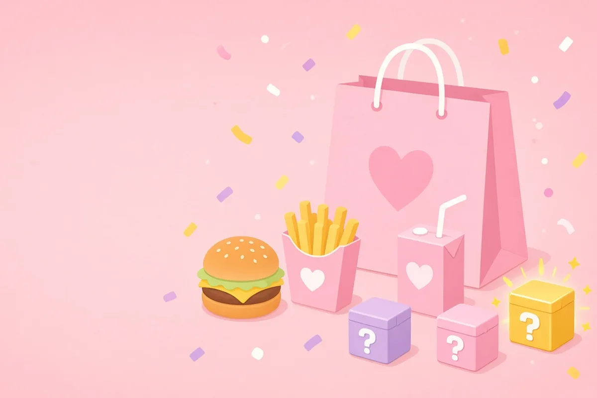 Burger King Hello Kitty meal illustration with pink kids' meal bag, burger, fries and mystery blind boxes