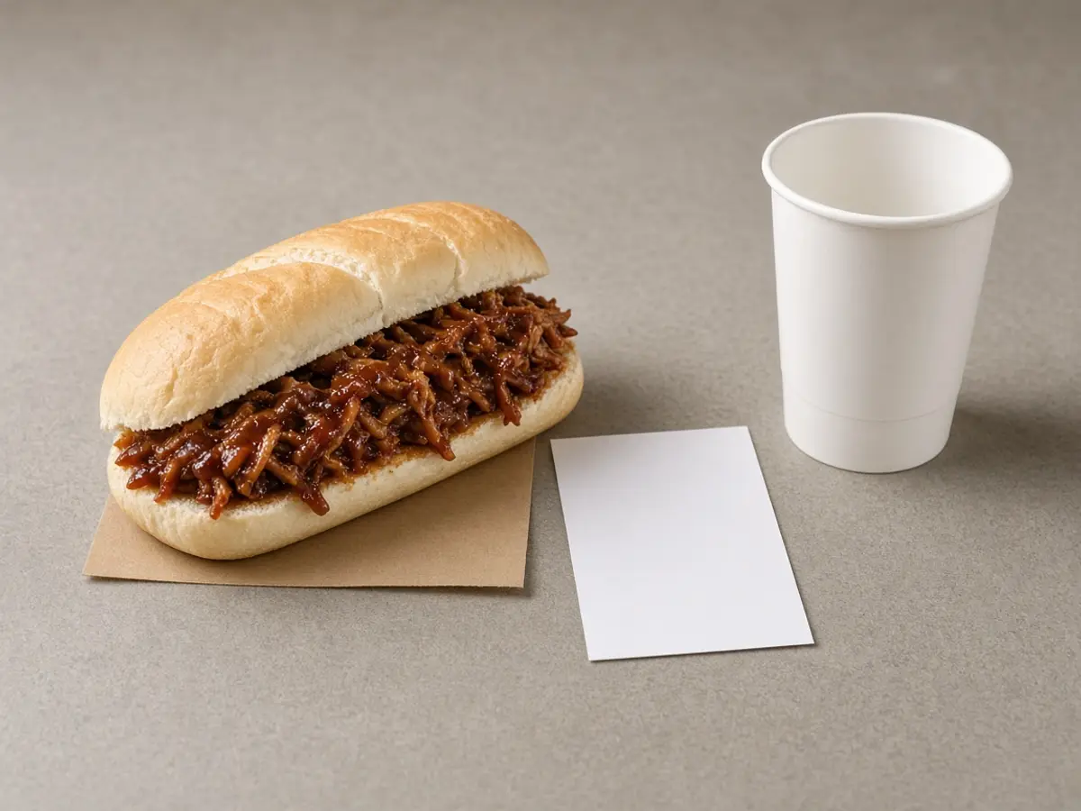 Original food photograph of a pork sandwich beside a blank receipt because no 2026 McRib price was published.