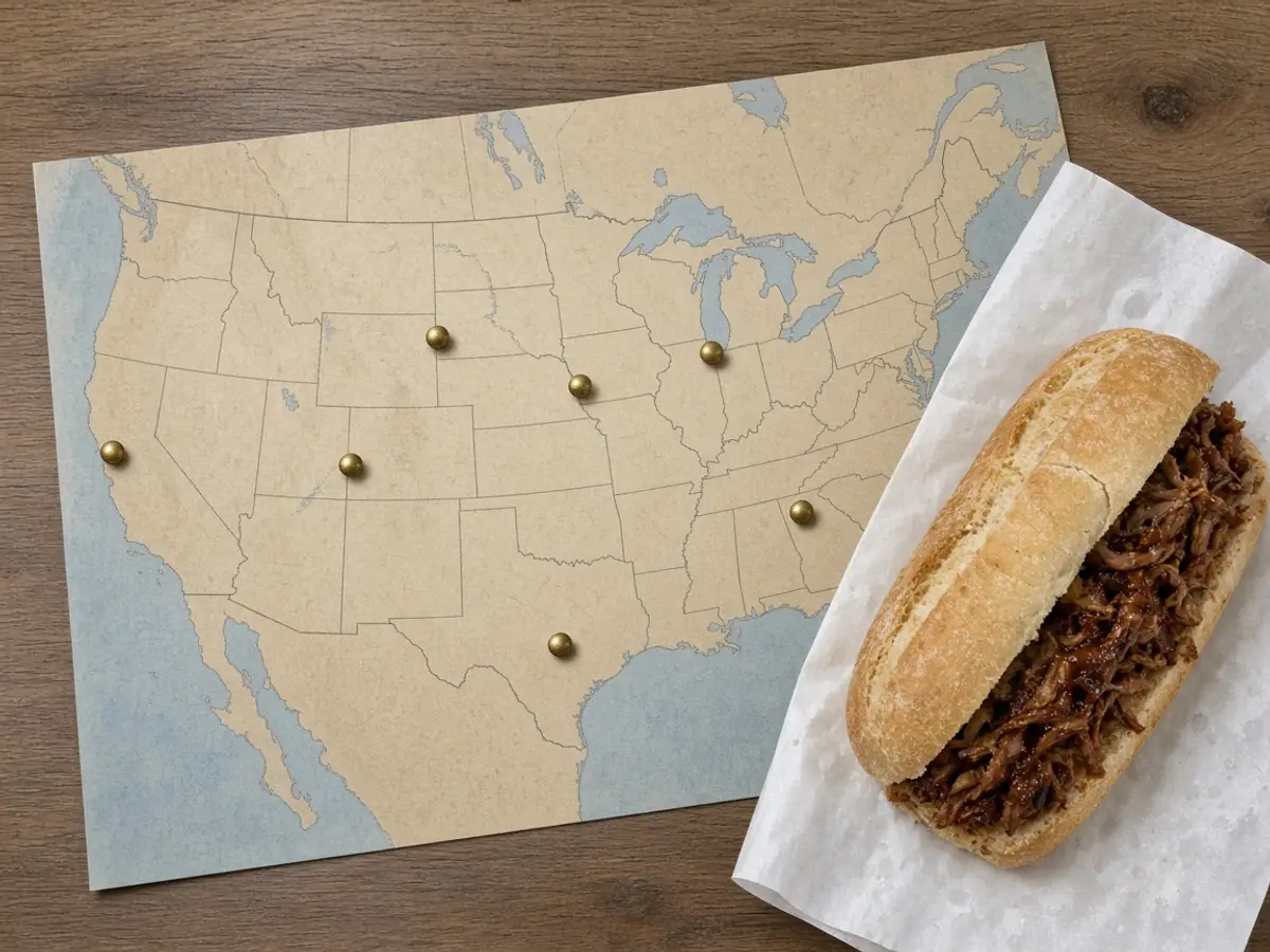 Original photograph of a United States map with six plain pins beside a pork sandwich for the McRib select-city return.
