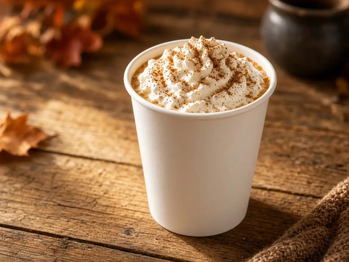 Original food-photo illustration of an orange pumpkin latte in a plain white cup with whipped cream and spice for Starbucks Pumpkin Spice Latte menu prices, not an official logo or product photo.