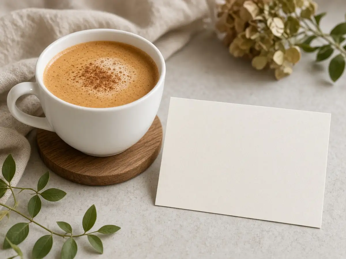 Original food-photo illustration of a pumpkin latte in a plain cup beside a blank card for Starbucks Pumpkin Spice Latte menu prices, not an official logo or product photo.