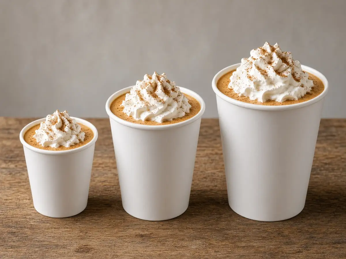 Original food-photo illustration of three plain white cups of pumpkin latte in small, medium, and large sizes for Starbucks Pumpkin Spice Latte menu prices, not an official logo or product photo.