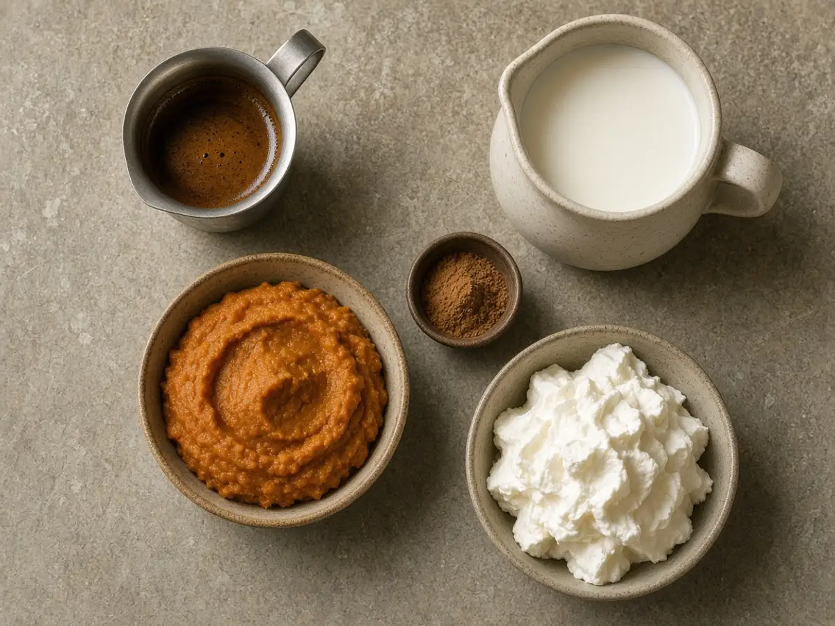 Original food-photo illustration of espresso, milk, pumpkin puree, spice, and whipped cream laid out for Starbucks Pumpkin Spice Latte menu prices, not an official logo or product photo.