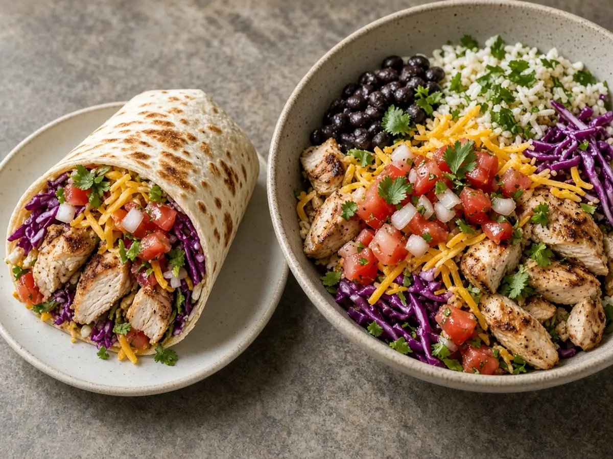 Original food photograph of a chicken burrito and a chicken bowl with purple cabbage, cheddar, and pico for Baja Chicken.