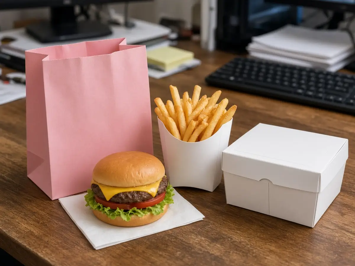 Original food-photo illustration of a plain pink kids meal bag, a small burger, fries, and a blank box on a desk for Burger King Hello Kitty meal briefing menu prices, not an official logo or product photo.