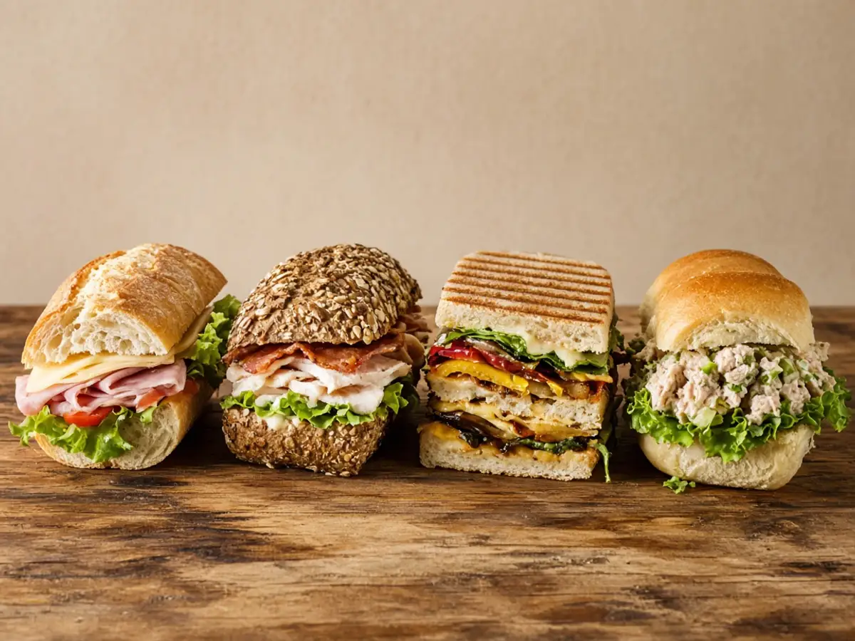 Original food-photo illustration of four sandwiches on a table, the kind of small set a test menu uses for what a fast-food test menu is menu prices, not an official logo or product photo.