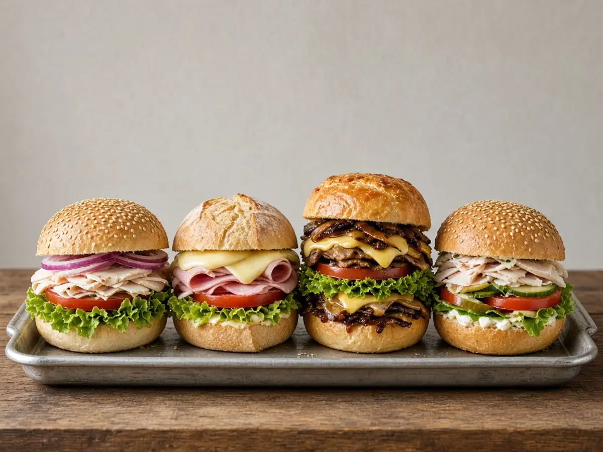 Original food-photo illustration of four stacked sandwiches on a tray with no printed prices for what a fast-food test menu is menu prices, not an official logo or product photo.