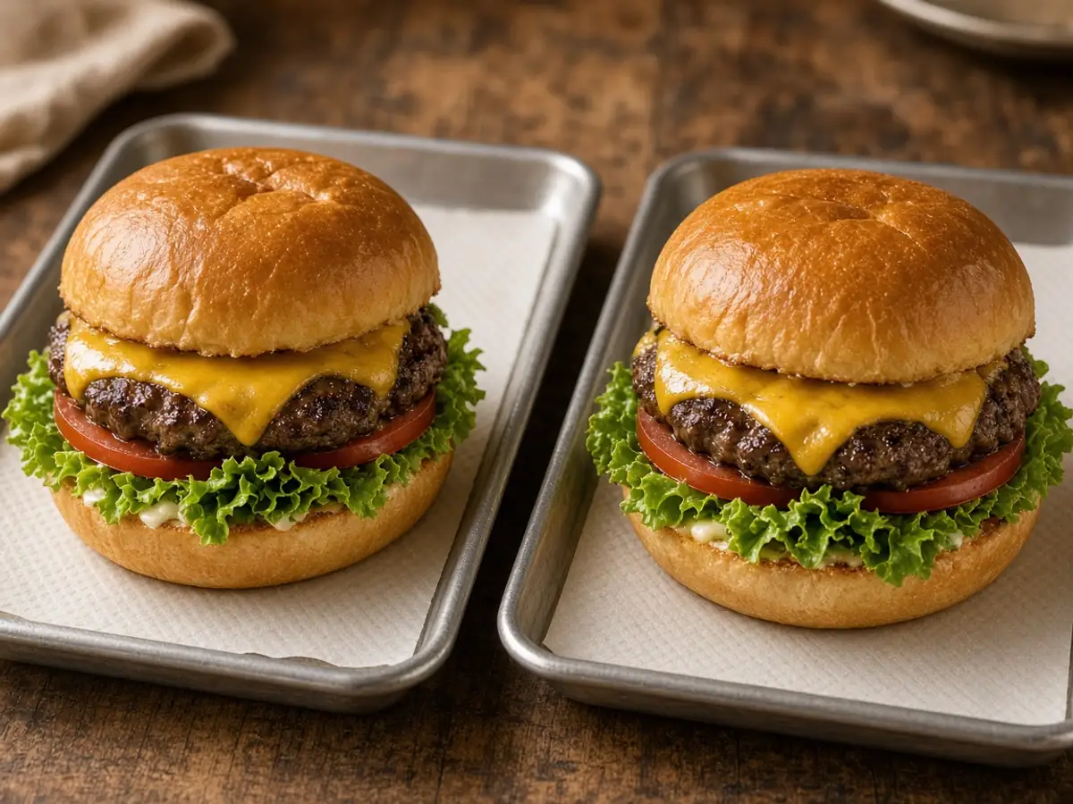 Original food-photo illustration of two nearly identical cheeseburgers on separate trays for why menu prices change by city menu prices, not an official logo or product photo.